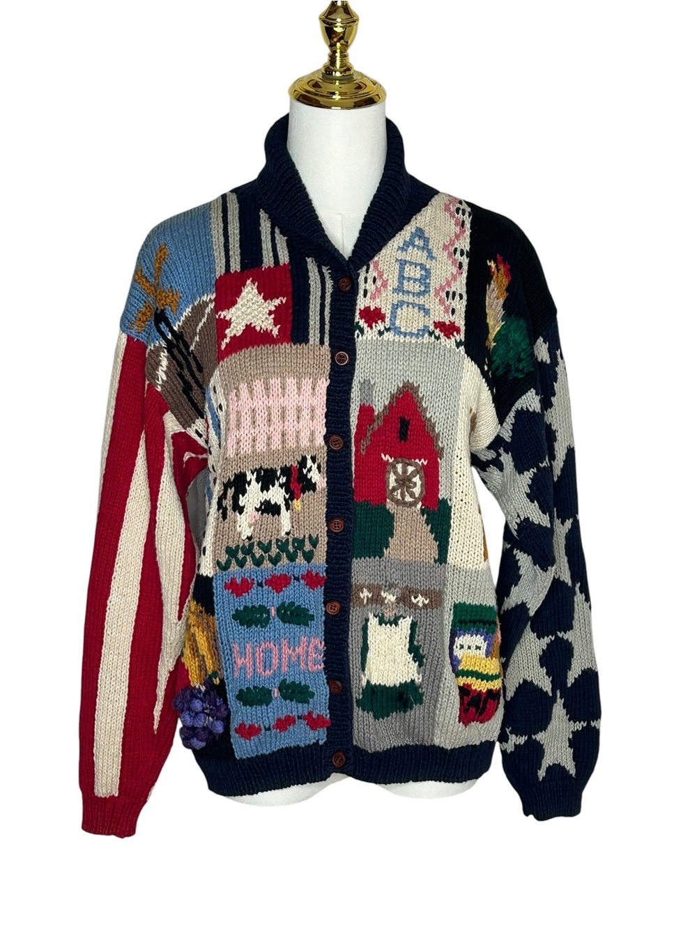 Vintage The Eagles Eye Folk Art Patchwork Cottagecore Cardigan Sz M Americana